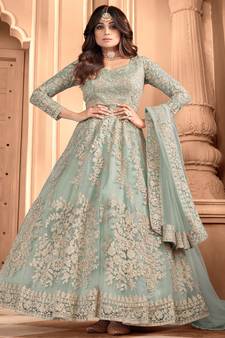  Shamita Shetty Teal Blue Embroidery Wedding Anarkali Suit 