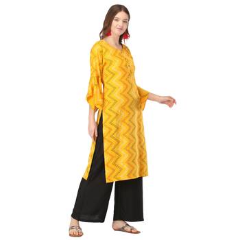 Yellow printed rayon long-kurtis 4