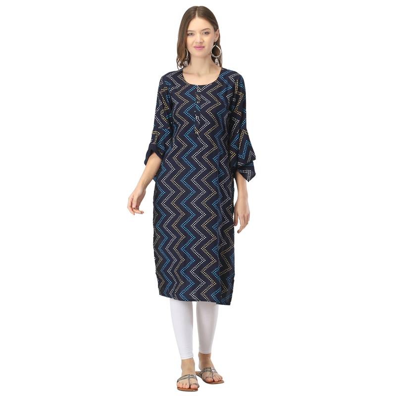 Navy-blue printed rayon long-kurtis