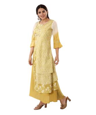Mustard printed cotton long-kurtis 3
