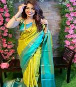 Yellow & Aqua Blue Color Beautiful Designer Soft Litchi silk Saree with Blouse piece for Women