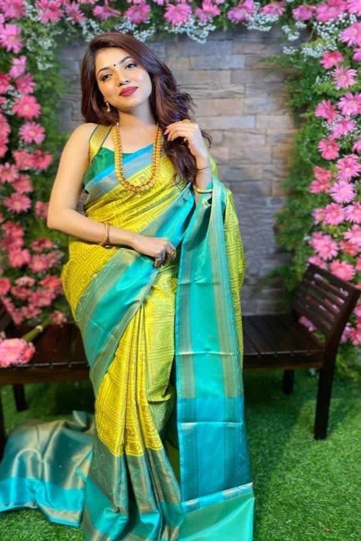 Yellow & Aqua Blue Color Beautiful Designer Soft Litchi silk Saree with Blouse piece for Women