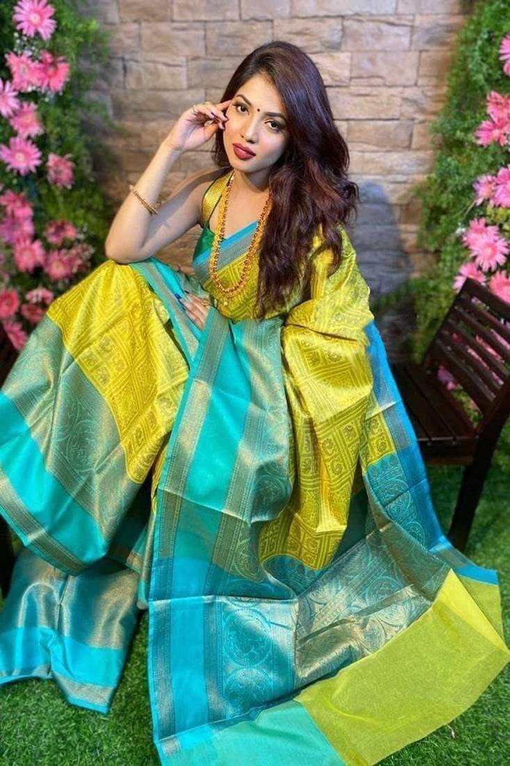 Yellow & Aqua Blue Color Beautiful Designer Soft Litchi silk Saree with Blouse piece for Women