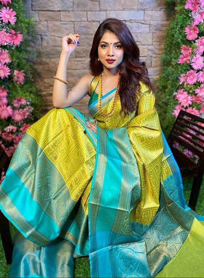 Yellow & Aqua Blue Color Beautiful Designer Soft Litchi silk Saree with Blouse piece for Women