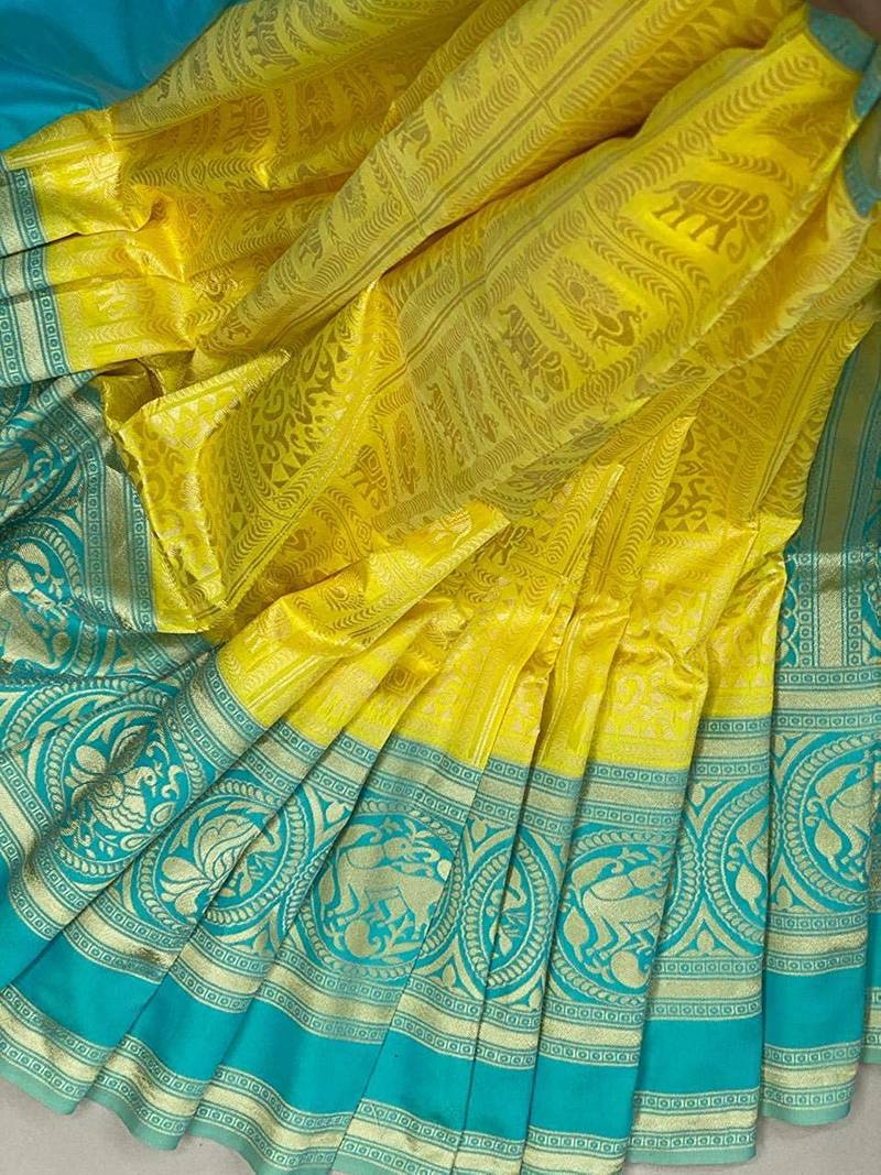 Yellow & Aqua Blue Color Beautiful Designer Soft Litchi silk Saree with Blouse piece for Women