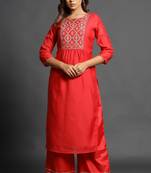 Red embroidered chanderi ethnic-kurtis