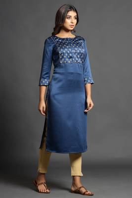 Blue plain satin ethnic-kurtis 4