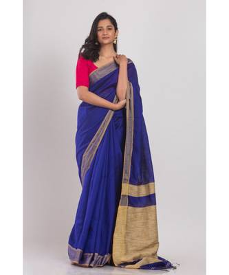 Dark Blue Blended Cotton Handloom Saree 1