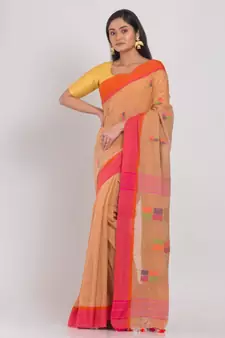 Beige Cotton Handloom Saree With Weaving Motif