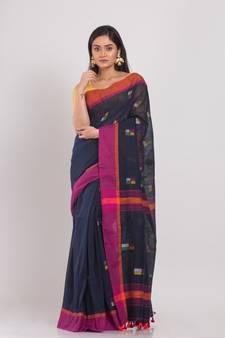 Black Cotton Handloom Saree With Weaving Motif
