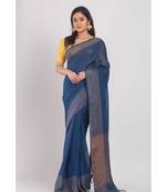 Navy Blue Handloom Linen-Saree