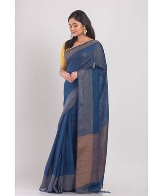 Navy Blue Handloom Linen-Saree 2