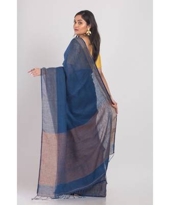 Navy Blue Handloom Linen-Saree 3
