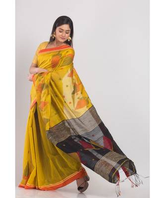 Yellow Blended Cotton Jamdani-Saree 2