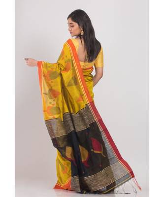 Yellow Blended Cotton Jamdani-Saree 3