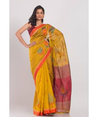 Yellow Blended Cotton Jamdani-Saree 1
