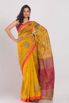 Yellow Blended Cotton Jamdani-Saree