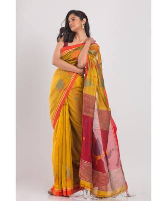Yellow Blended Cotton Jamdani-Saree 2