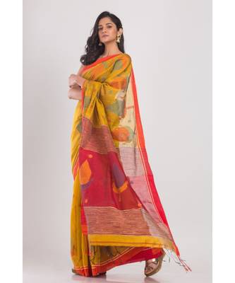 Yellow Blended Cotton Jamdani-Saree 3