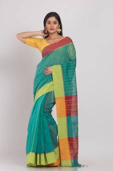 Allover Kantha Work Teal Handloom Saree