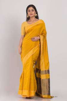 Yellow Blended Cotton Handloom Saree Golden Pallu