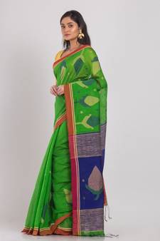 Green Blended Cotton Handloom Jamdani-Sarees