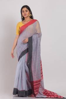 Allover Kantha Work Silver Gray Handloom Saree