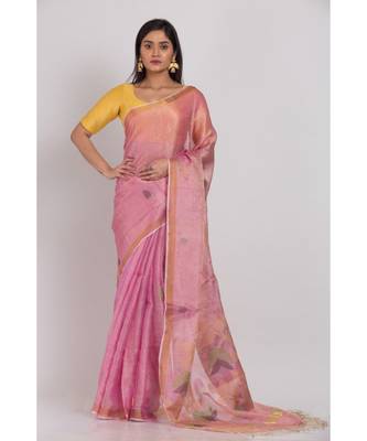 Pink Tussar Silk Handloom Jamdani-Sarees 1