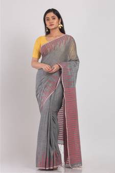 Temple Design Gray Handloom Cotton Saree