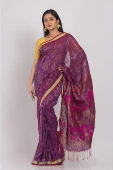 Magenta Cotton Linen Handloom Jamdani-Sarees
