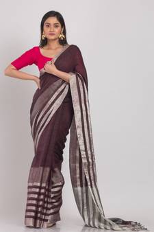Dark Brown Linen-Saree With Silver Zori Pallu And Border