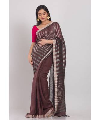 Brown Linen-Saree With Silver Zori Pallu And Border 1