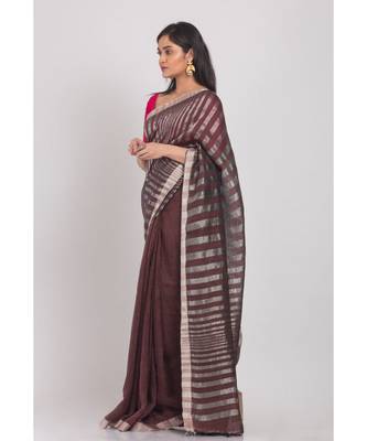 Brown Linen-Saree With Silver Zori Pallu And Border 2