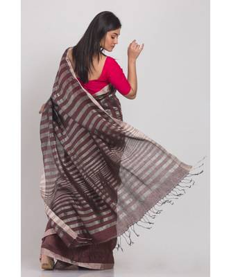 Brown Linen-Saree With Silver Zori Pallu And Border 3