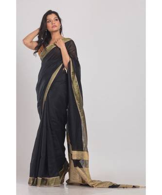 Black Blended Cotton Handloom Saree Golden Pallu 1