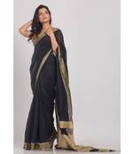 Black Blended Cotton Handloom Saree Golden Pallu