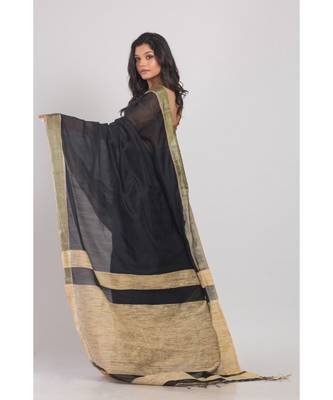 Black Blended Cotton Handloom Saree Golden Pallu 2