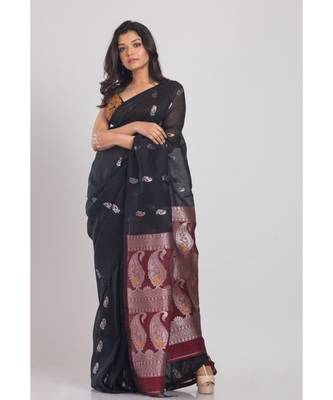 Black Cotton Linen Handloom Saree 1