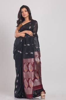 Black Cotton Linen Handloom Saree