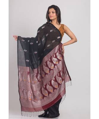 Black Cotton Linen Handloom Saree 2