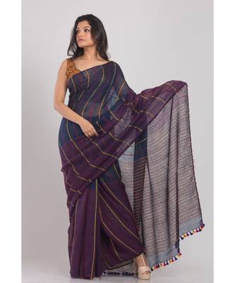 All Over Kantha Work Blue Linen-Saree 1