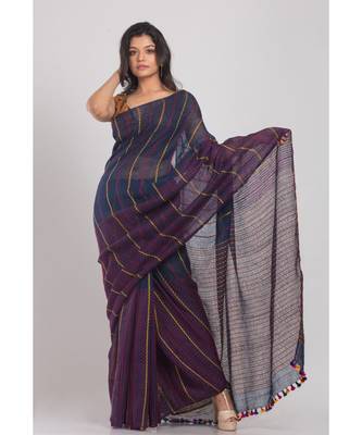 All Over Kantha Work Blue Linen-Saree 3