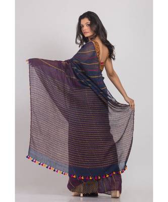 All Over Kantha Work Blue Linen-Saree 4
