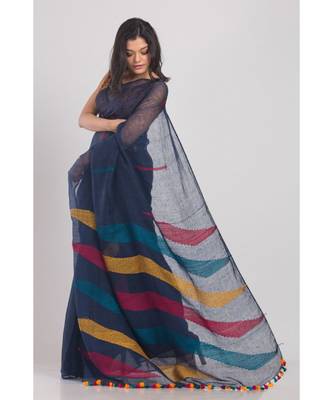 All Over Kantha Work Blue Linen-Saree 2