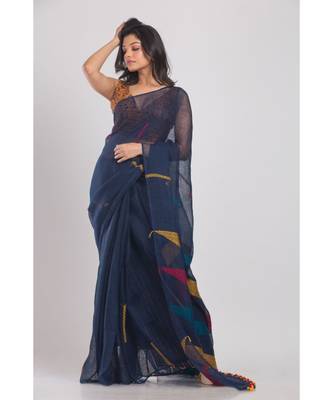 All Over Kantha Work Blue Linen-Saree 4