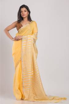 Yellow Linen-Saree With Silver Zori Pallu And Border