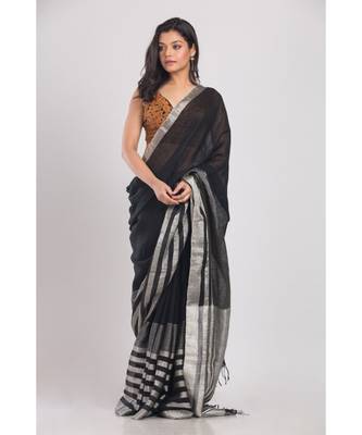 Black Linen-Saree With Silver Zori Pallu And Border 1