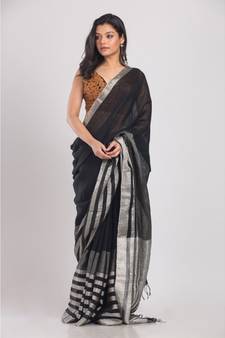 Black Linen-Saree With Silver Zori Pallu And Border