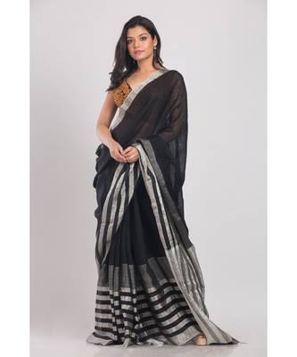 Black Linen-Saree With Silver Zori Pallu And Border 2
