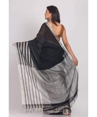 Black Linen-Saree With Silver Zori Pallu And Border 3